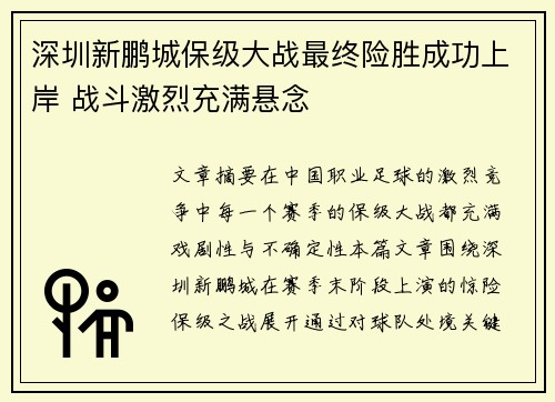 深圳新鹏城保级大战最终险胜成功上岸 战斗激烈充满悬念