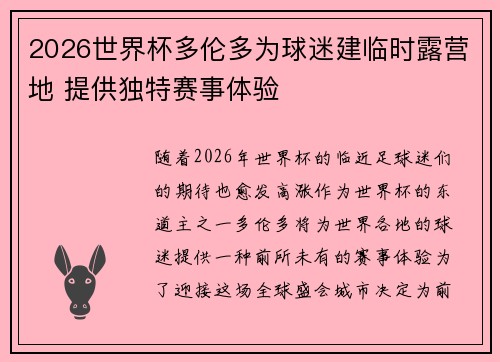 2026世界杯多伦多为球迷建临时露营地 提供独特赛事体验